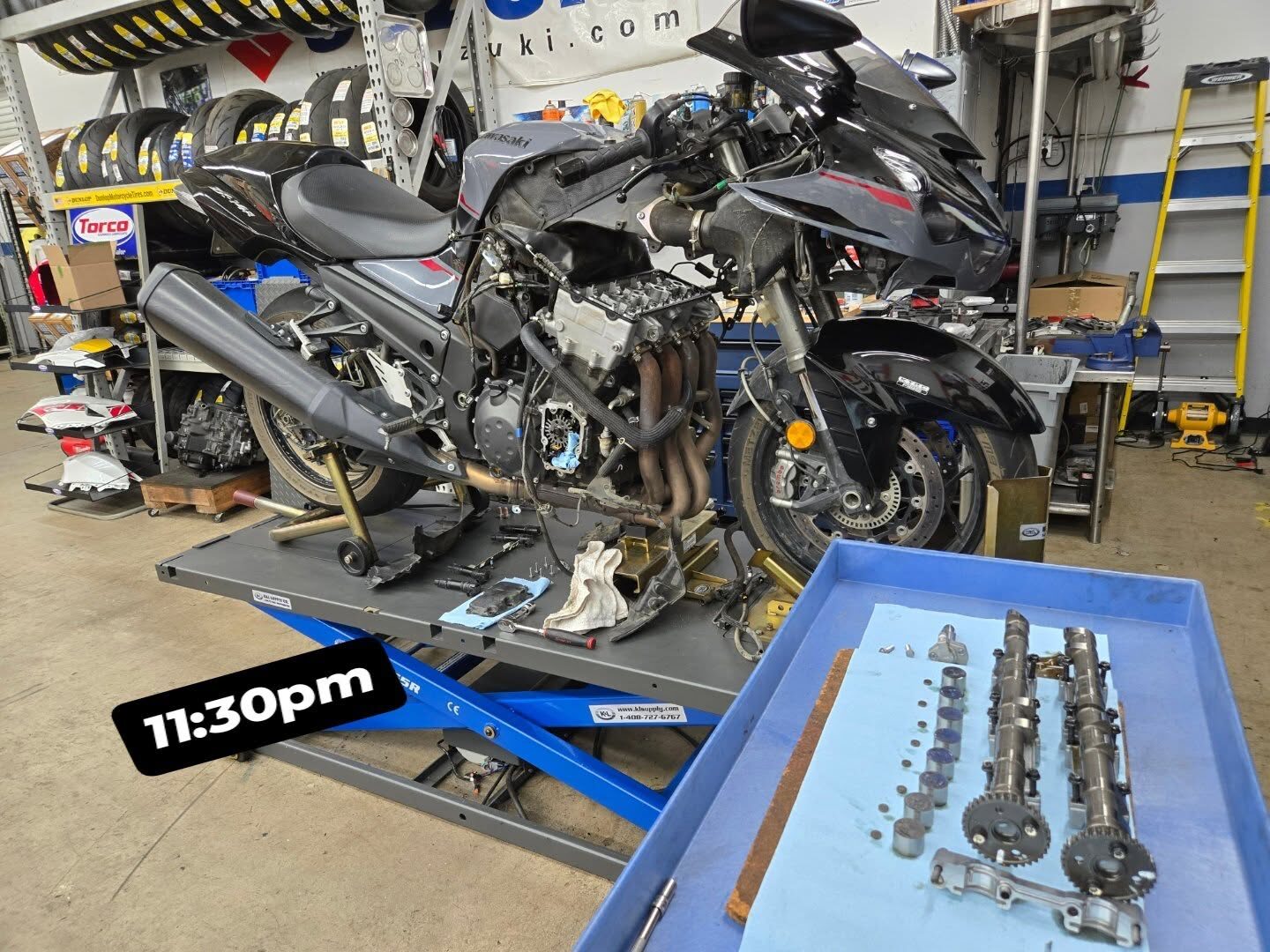 Kawasaki ZX-14R engine cam service on the lift