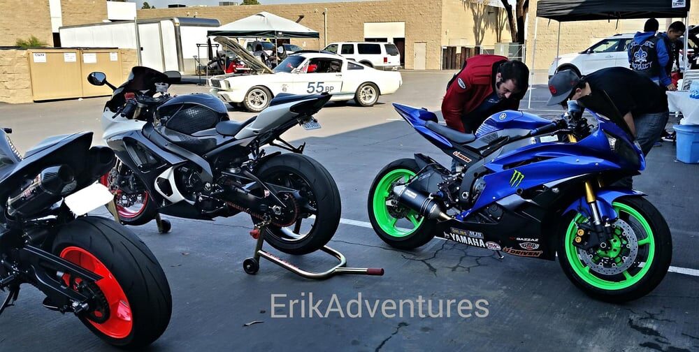 Sport bikes in the paddock at a track day